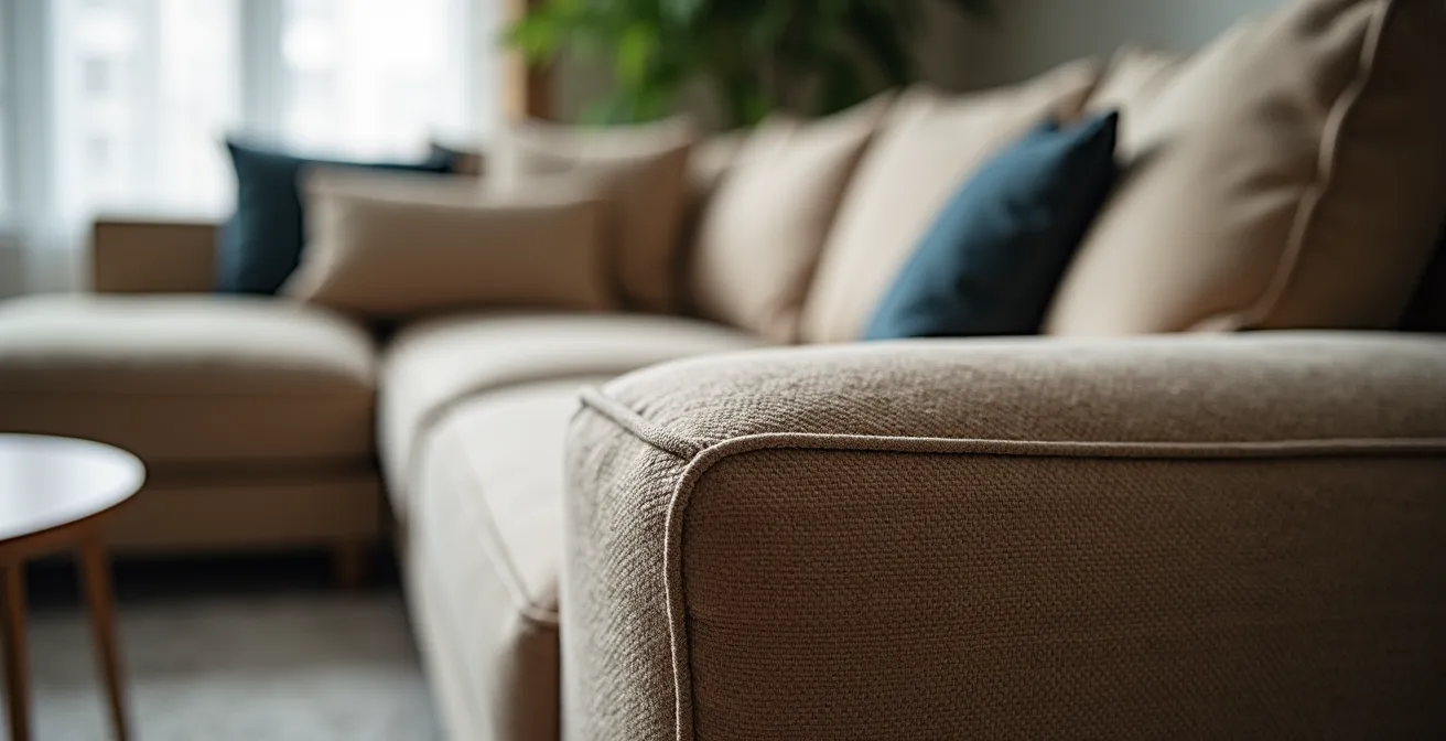 Gros plan sur l'angle d'un canapé montrant la texture du tissu et les coutures