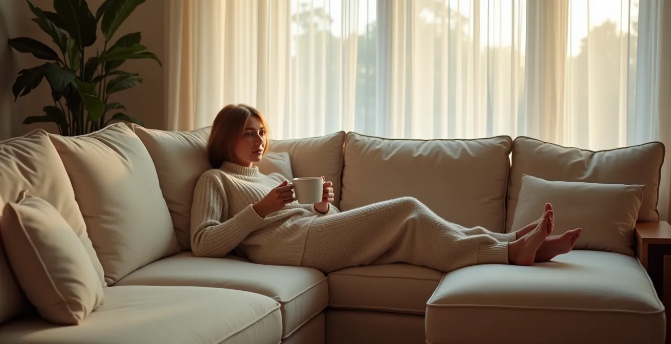 Personne assise confortablement dans l'angle d'un canapé, moment de détente