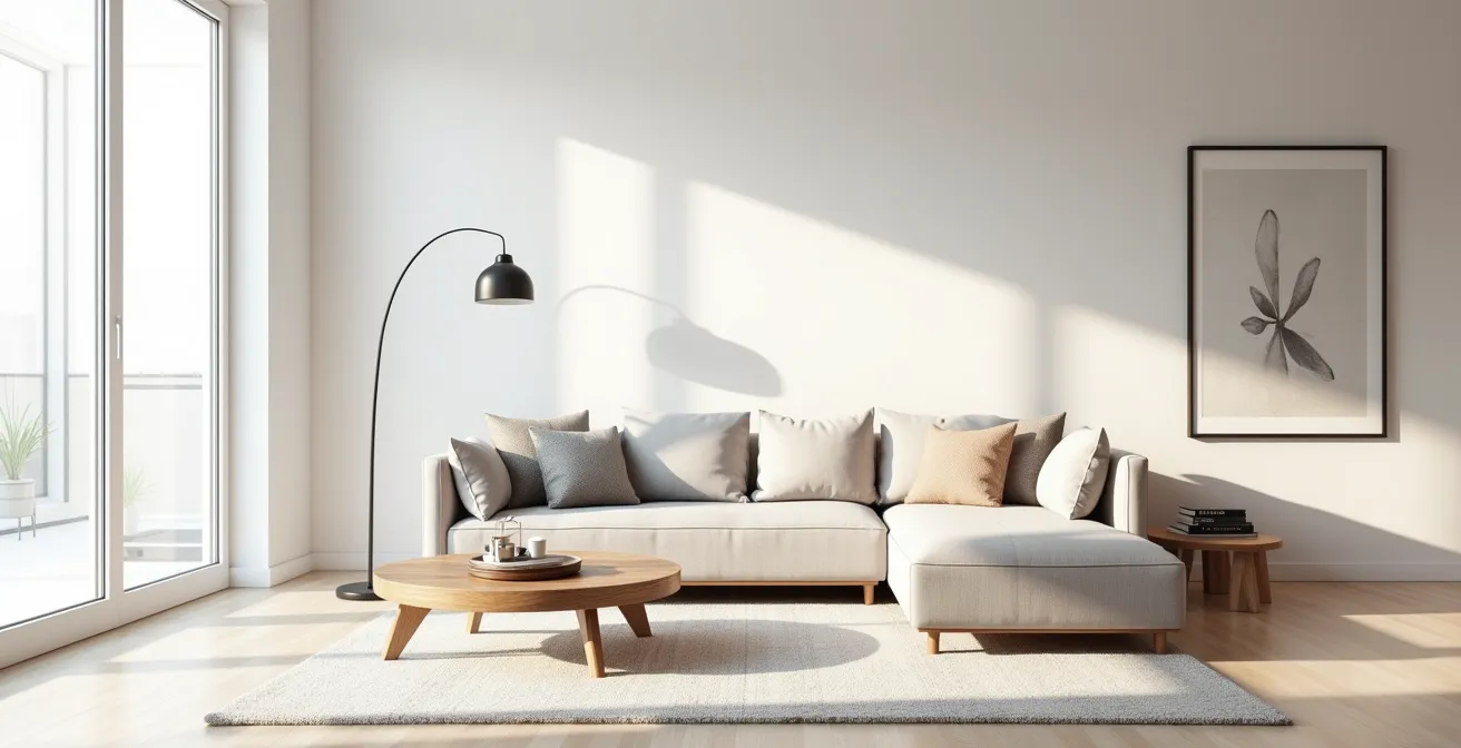 Vue large d'un salon épuré avec canapé d'angle et mobilier coordonné