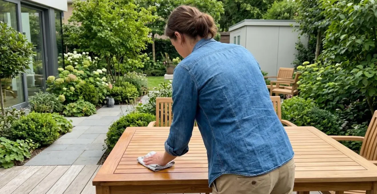 Une main applique de l'huile protectrice sur une surface en bois de mobilier de jardin dans un environnement extérieur lumineux